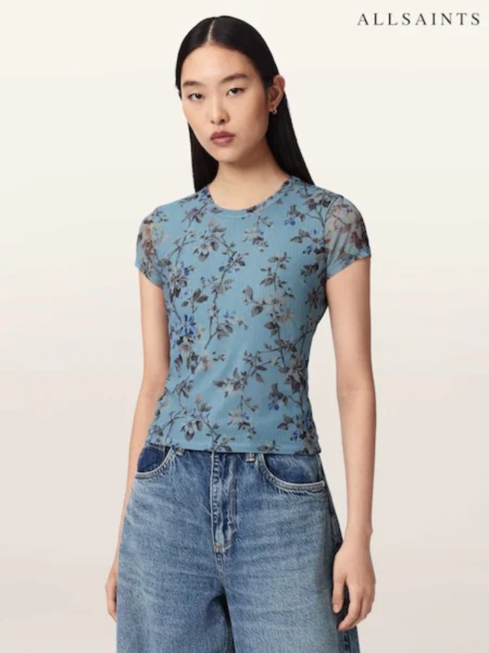 AllSaints Ellie Mesh Blue Floral Short Sleeve Tee